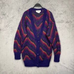 Vintage 90s Boho Chevron Mohair Wool Hand Knit Slouchy Cardigan Small Grunge